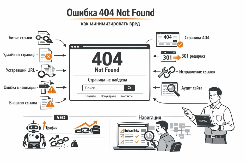  Инфографика об ошибке 404 Not Found: отсутствующая страница, битые ссылки, SEO-потери, полезная страница 404 и настройка 301 редиректов.