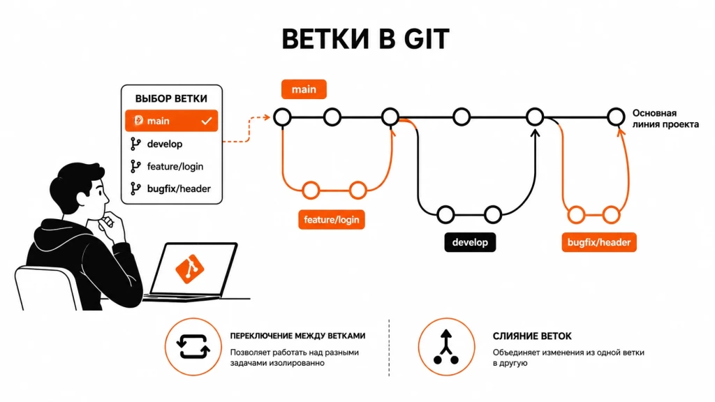  Ветки в Git: переключение и слияние branch в проекте. 