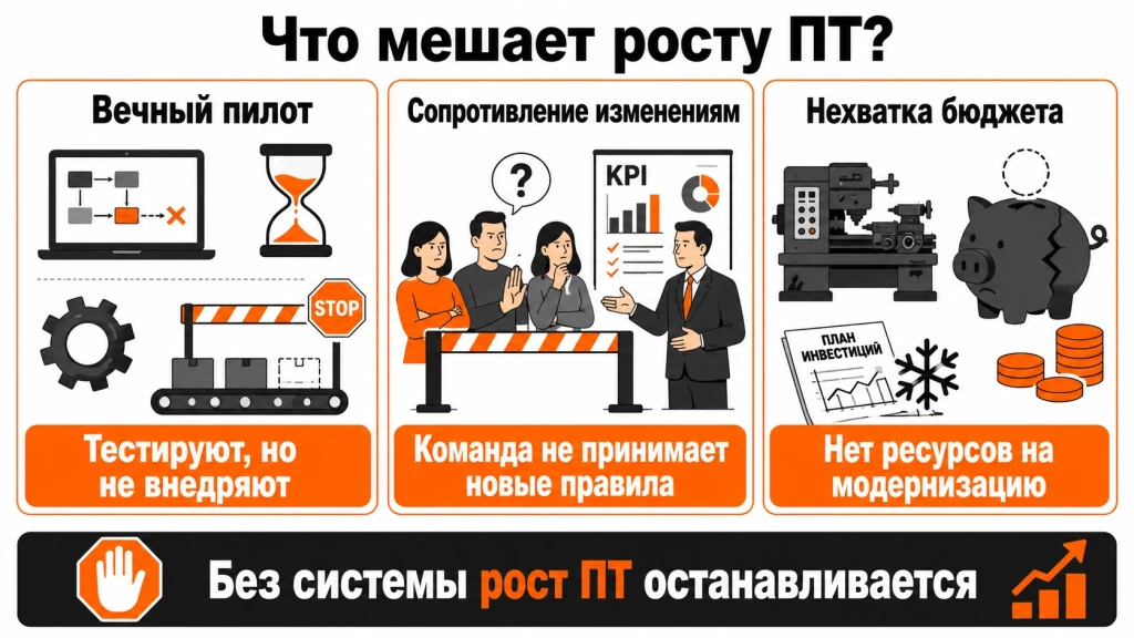 Инфографика о проблемах повышения производительности труда: вечный пилот, сопротивление изменениям и нехватка бюджета. 