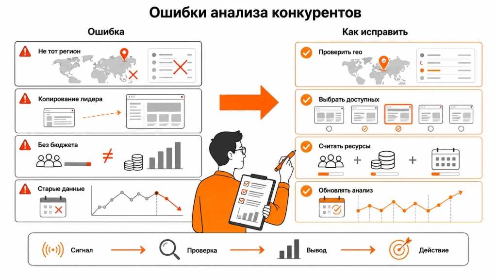 Инфографика об ошибках при SEO-анализе конкурентов: неверный регион, копирование стратегии лидера, недооценка бюджета, устаревшие данные и отсутствие регулярного мониторинга.