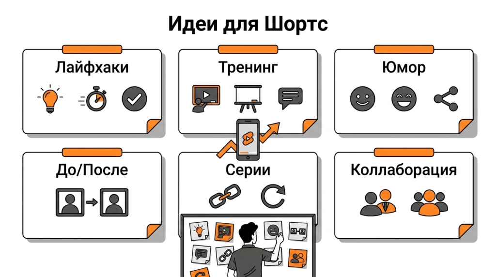Инфографика об идеях для Shorts: лайфхаки, обучение, юмор, формат до и после, сериальность и коллаборации.