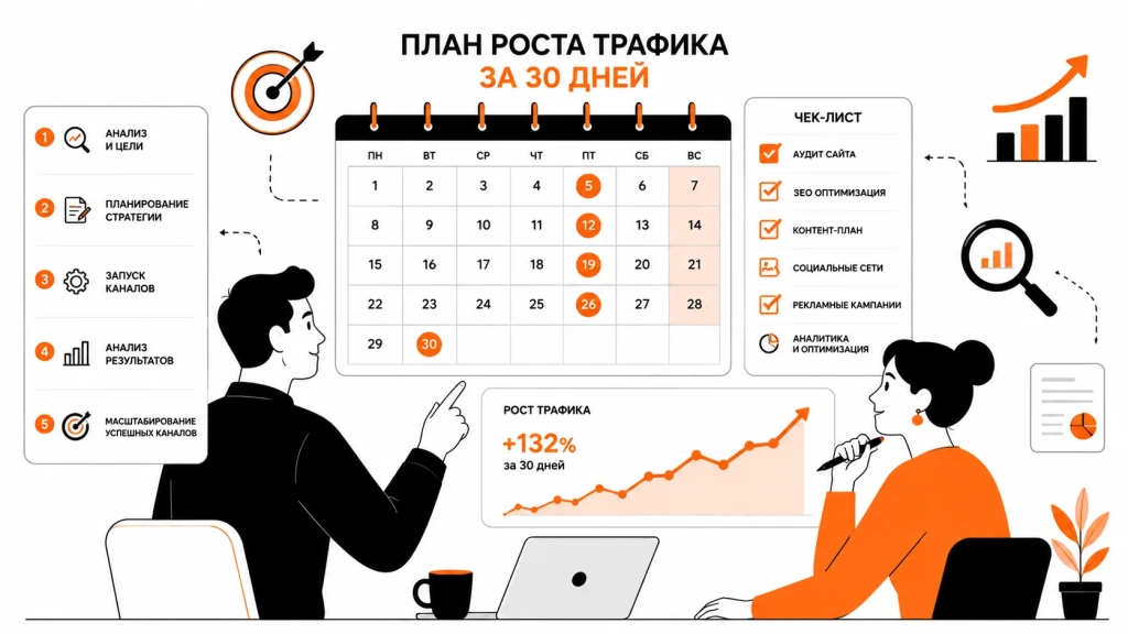 plan-rosta-trafika-za-30-dnej.webp План роста трафика за 30 дней с календарём, чек-листом и графиком.