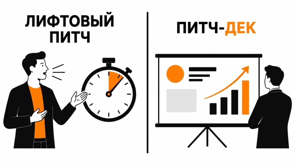 liftovyi-pitch-i-pitch-dek.webp Лифтовый питч и питч дек в сравнении с секундомером и презентацией.