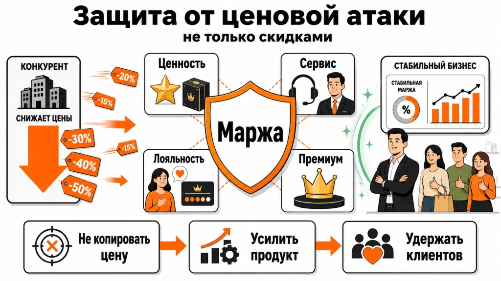 zaschita-ot-dempinga-konkurentov.webp Инфографика о защите бизнеса от демпинга конкурентов через ценность, сервис, лояльность и контроль маржи.