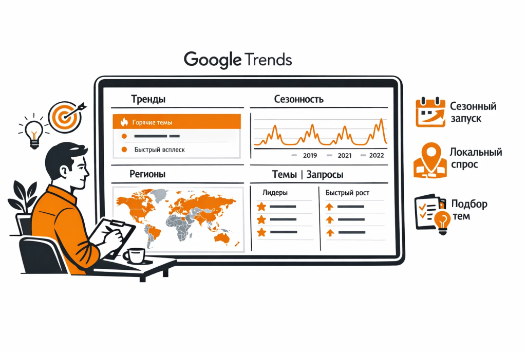 Иллюстрация интерфейса Google Trends с трендами, сезонностью, географией и связанными запросами.