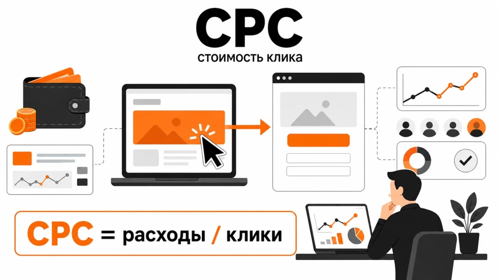 Инфографика о CPC: стоимость клика, переход пользователя на сайт, рекламное объявление, курсор и анализ качества трафика.