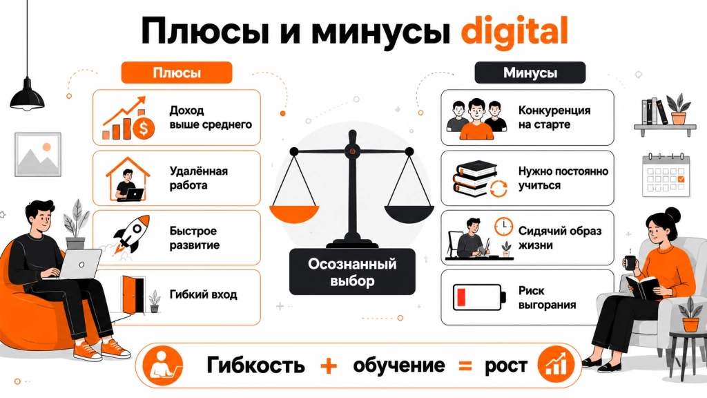 Инфографика о плюсах и минусах работы в диджитале: высокий доход, удалёнка и развитие с одной стороны, конкуренция, переобучение, сидячий образ жизни и выгорание — с другой.
