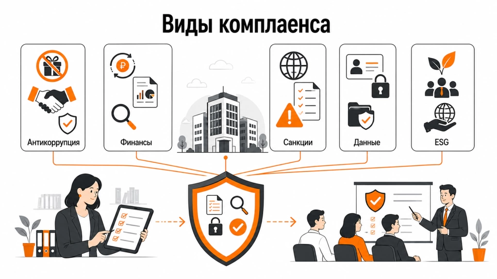 Инфографика о видах комплаенса в компании: антикоррупционный, финансовый, санкционный, персональные данные и ESG-контроль.