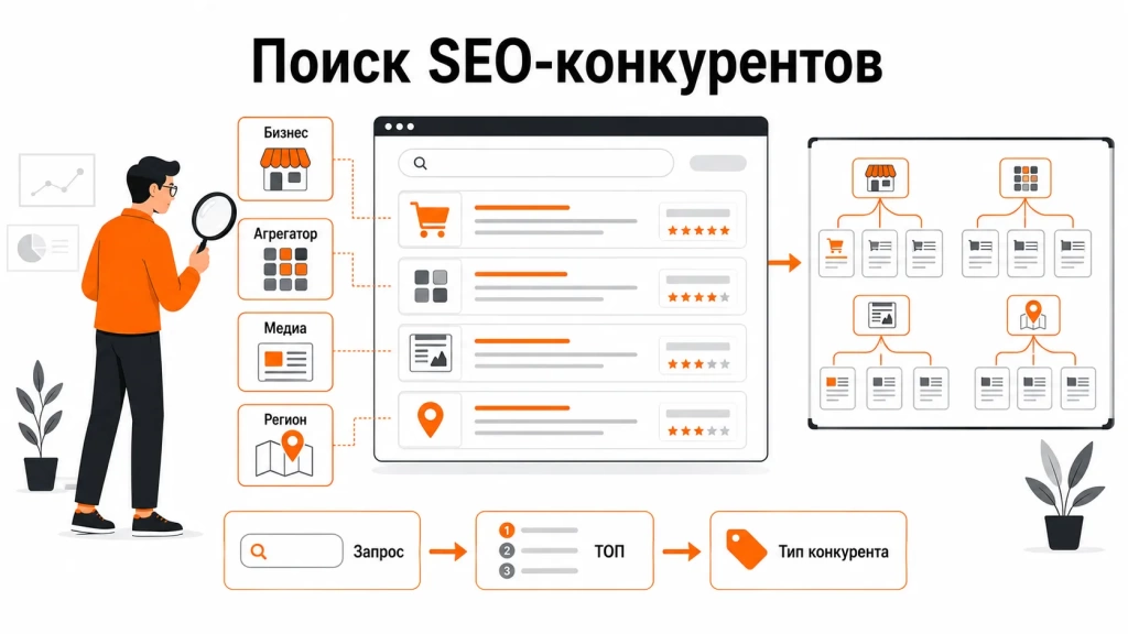 Инфографика о поиске SEO-конкурентов: анализ поисковой выдачи, разделение конкурентов на бизнес-сайты, агрегаторы, медиа и региональных игроков.