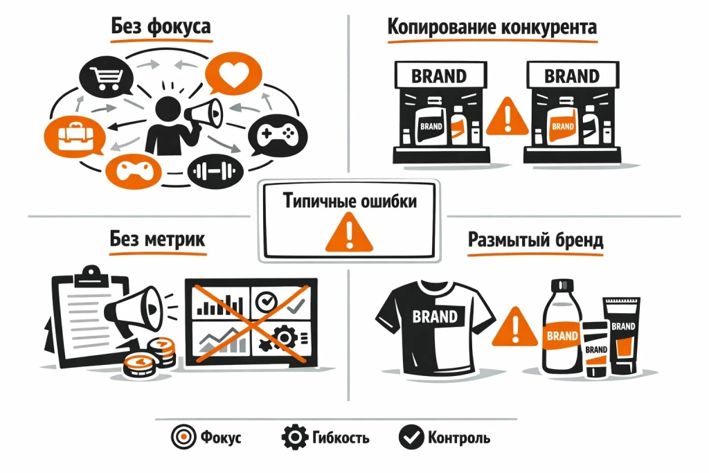 Инфографика о типичных ошибках в маркетинговой стратегии: попытка охватить всех, копирование конкурентов, игнорирование метрик, неверное расширение бренда.
