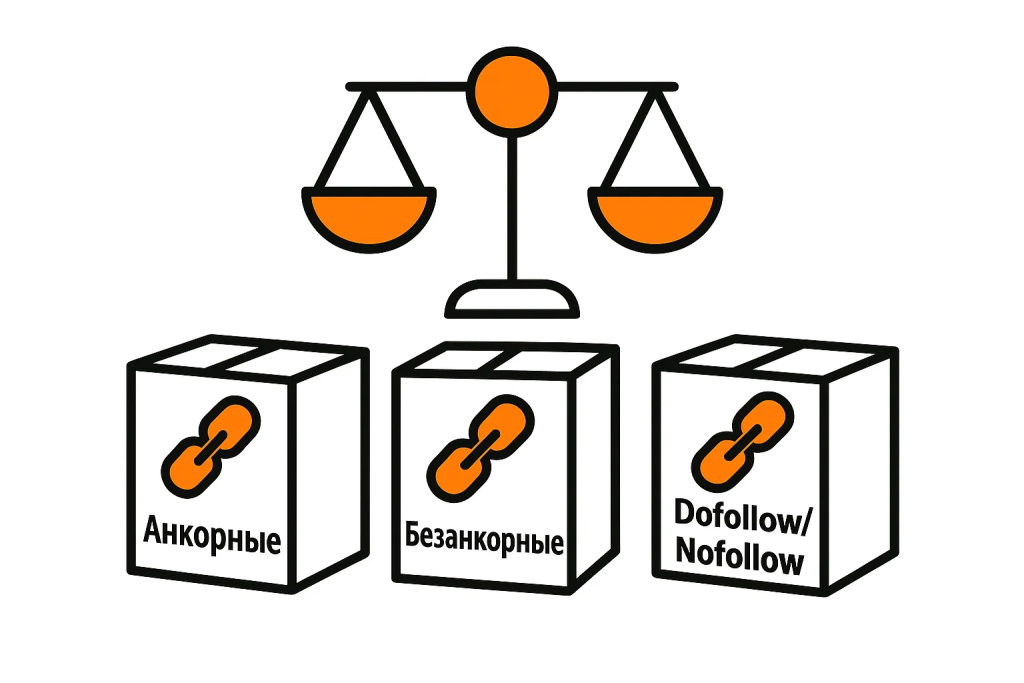 Vidy-Ssylok-Ankory-Vybor.jpg Схема сравнения трех видов ссылок (анкорные, безанкорные, dofollow/nofollow), символизирующая выбор.