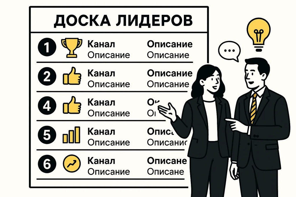 Доска лидеров Telegram с топ каналами, рейтингом и описанием для пользователей.