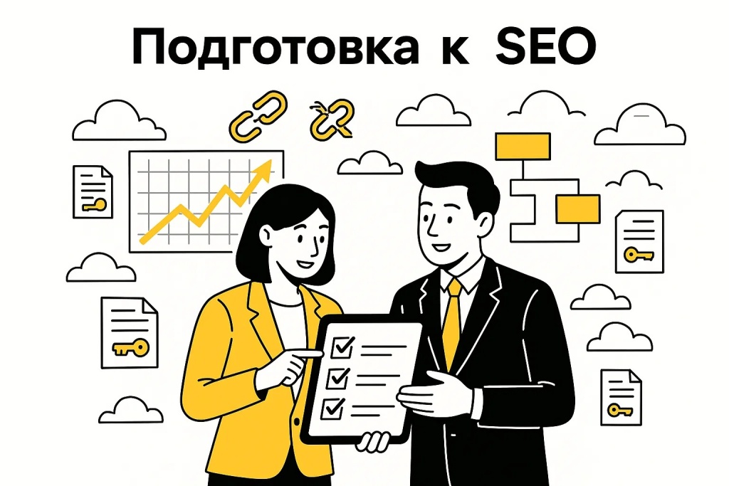 Команда обсуждает чеклист подготовки к SEO с элементами ключевых слов и ссылок. Команда обсуждает чеклист подготовки к SEO с элементами ключевых слов и ссылок.