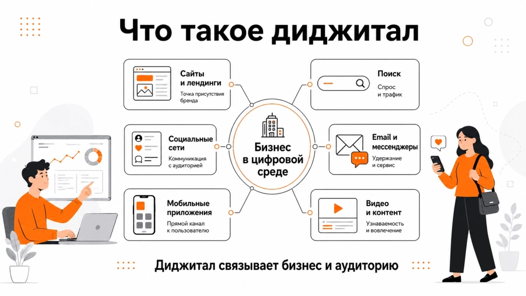 Инфографика о том, что такое диджитал в современном мире: сайты, соцсети, приложения, поисковые системы, email, мессенджеры и цифровые продукты.