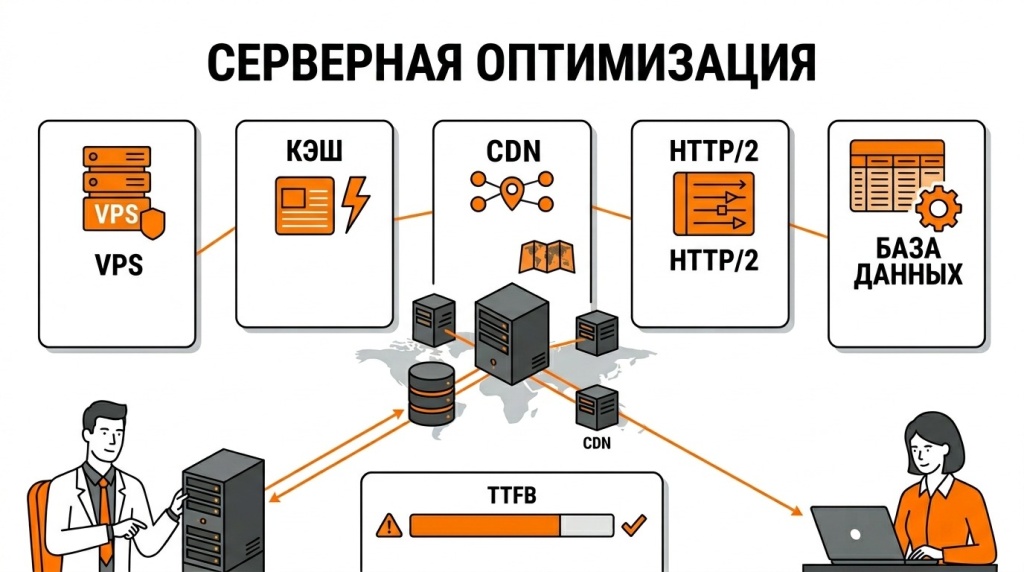 Инфографика о серверной оптимизации скорости сайта: VPS, кэширование, CDN, HTTP/2, HTTP/3, база данных и время ответа сервера. 