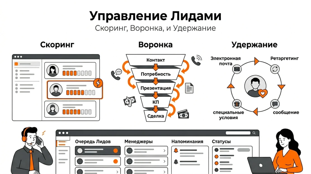 Инфографика о работе с лидами: скоринг, воронка продаж, CRM, приоритеты менеджера и удержание клиентов. 