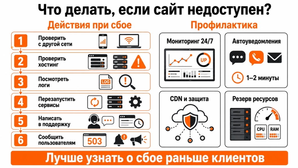plan-dejstvij-i-profilaktika-sboev-sajta.webp Инфографика с пошаговым планом действий при недоступности сайта и профилактикой сбоев через мониторинг, уведомления, CDN и защиту инфраструктуры.