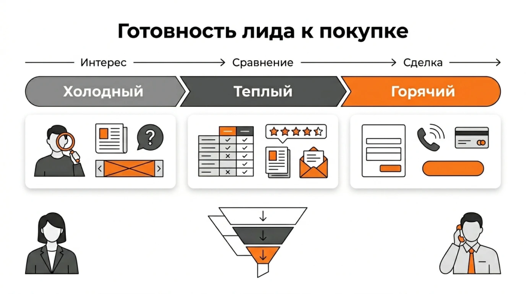 Инфографика о классификации лидов по готовности к покупке: холодные, тёплые и горячие лиды в воронке продаж. 