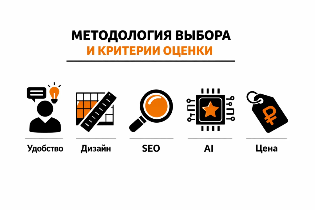 builders-criteria-methodology.png Критерии выбора конструктора: дизайн, SEO, цена, AI, удобство.