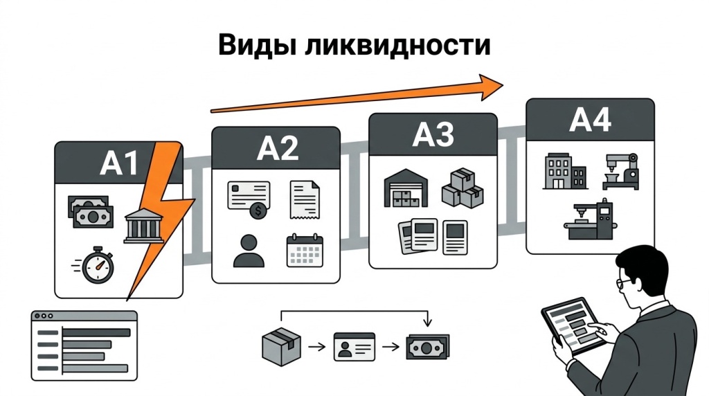 Инфографика о классификации активов по ликвидности: деньги, дебиторская задолженность, запасы и труднореализуемые активы. 