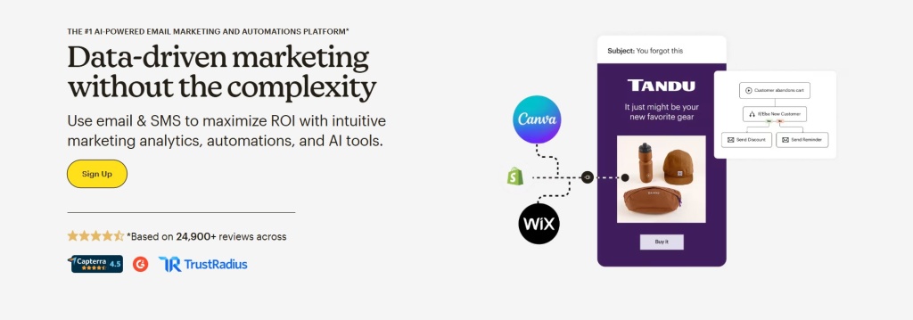  Интерфейс Mailchimp с инструментами автоматизации и логотипами интеграций на светлом фоне.