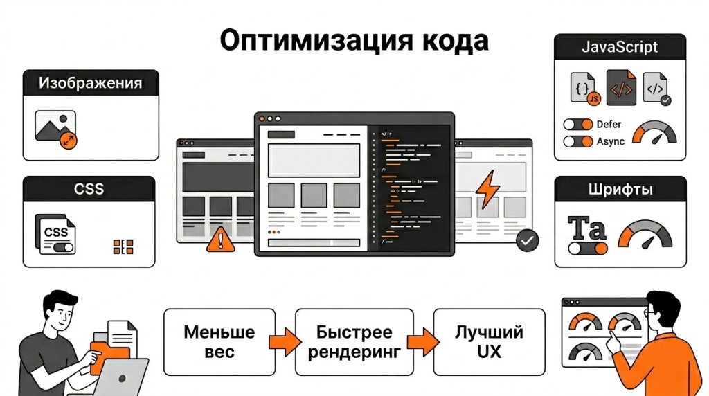 Инфографика о клиентской оптимизации сайта: сжатие изображений, CSS, JavaScript, lazy loading, шрифты и уменьшение веса страницы. 