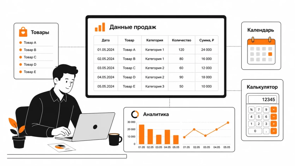 rabochee-prostranstvo-analitika-v-stile-minimalizma.webp Рабочее пространство аналитика с таблицей продаж и графиками.