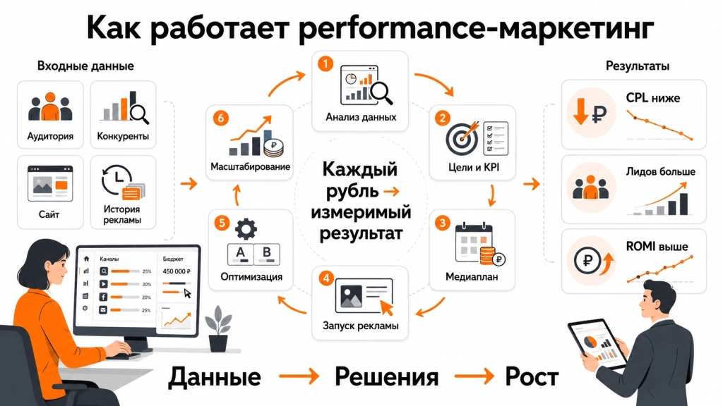 kak-rabotaet-perfomans-marketing.webp Инфографика о том, как работает перфоманс-маркетинг: аналитика, цели, стратегия, запуск кампаний, оптимизация и рост результата.