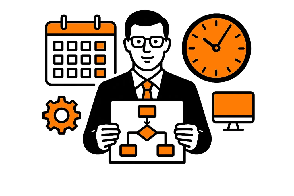 Kogda-i-kak-provesti-audit.jpg Специалист планирует процесс технического аудита сайта с использованием календаря и диаграммы, вектор, оранжевый и чёрный цвета.