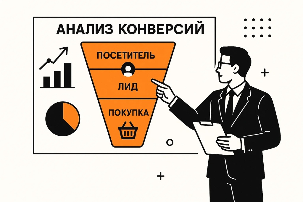 Визуализация воронки конверсии, показывающая этапы превращения посетителя в лида и покупателя