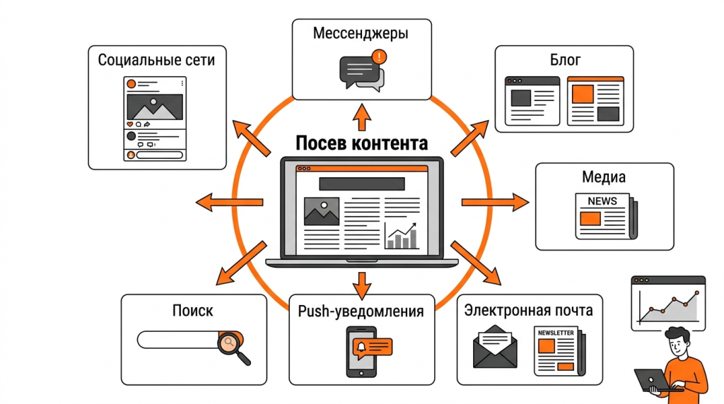  Инфографика о каналах распространения контента: соцсети, мессенджеры, блог, медиа, email, push и поисковая выдача. 