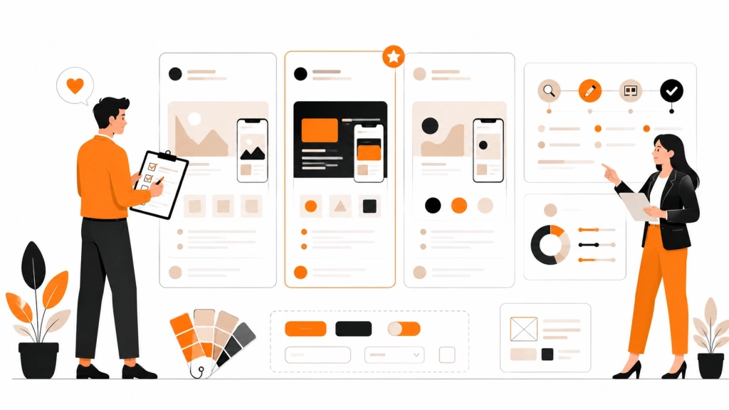 Персонажи выбирают дизайн-студию, сравнивая портфолио, UX/UI-макеты, этапы работы и условия проекта.