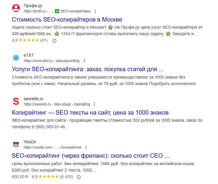 Примеры стоимости SEO-копирайтинга в поисковой выдаче Google.