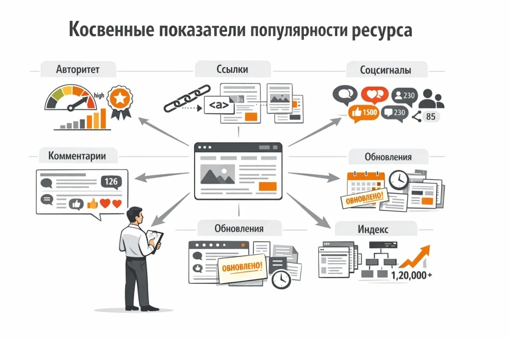 kosvennye-pokazateli-populyarnosti-resursa.jpg Инфографика о косвенных показателях популярности сайта: соцсигналы, ссылки, индекс качества, комментарии, публикации и рост охвата.