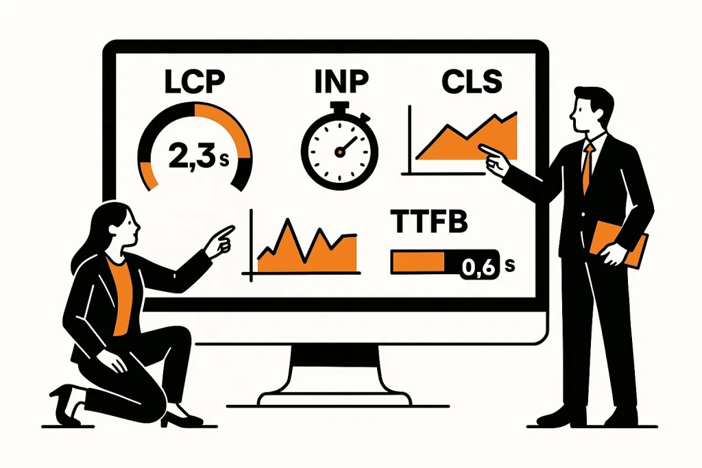 metrika-core-web-vitals-lcp-inp-ttfb-cls.jpg Ключевые метрики Core Web Vitals включая LCP, INP, TTFB и CLS для анализа производительности.