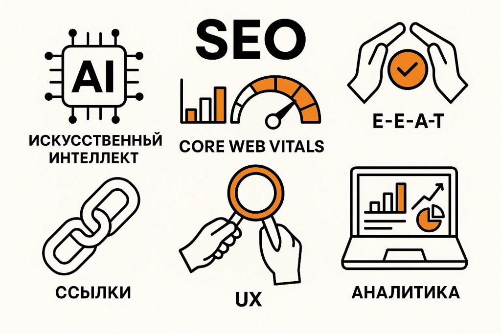 Иллюстрация с основными факторами SEO оптимизации и элементами аналитики. Иллюстрация с основными факторами SEO оптимизации и элементами аналитики.
