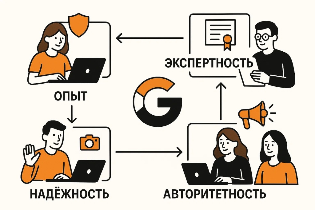 Инфографика Google E-E-A-T показывает опыт, экспертность, авторитетность и надёжность.
