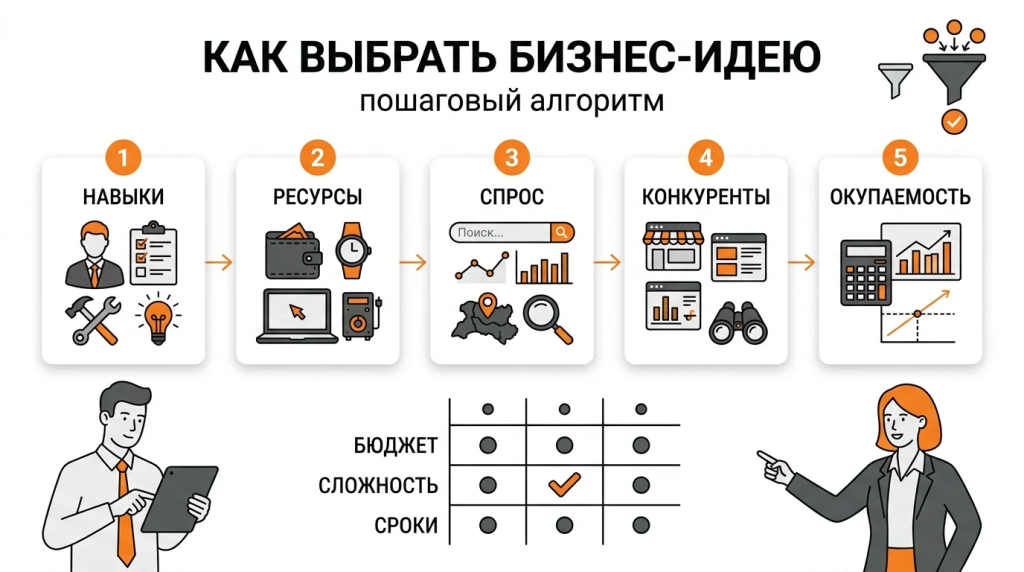 Инфографика о выборе бизнес-идеи: анализ навыков, ресурсов, спроса, конкурентов, бюджета, окупаемости и рисков. 