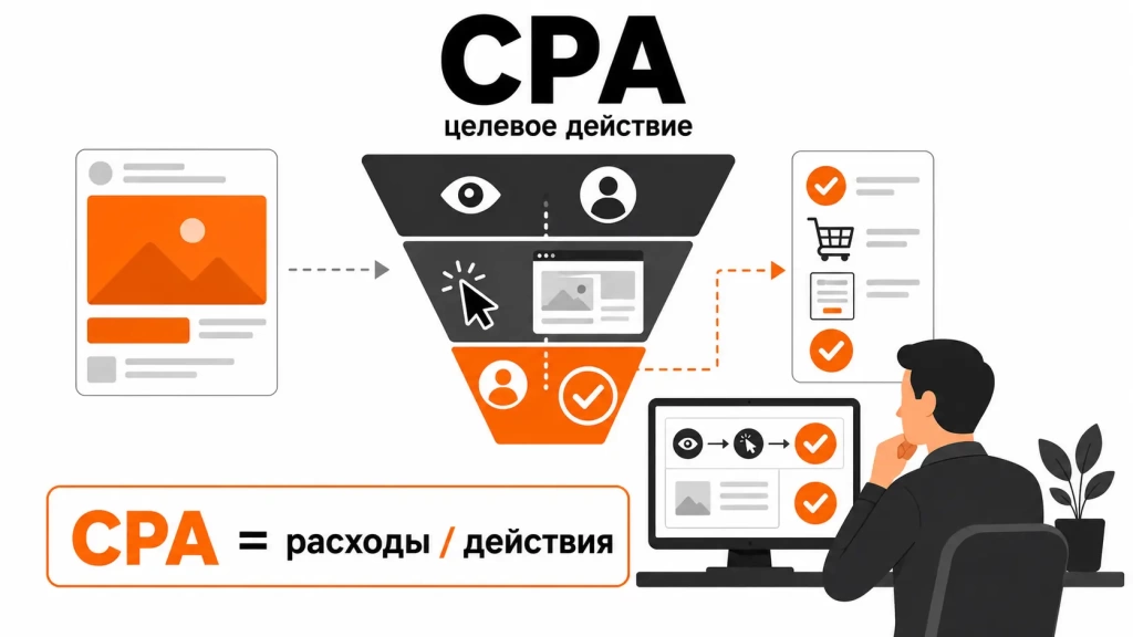 Инфографика о CPA: оплата за целевое действие, заказ, регистрация, покупка, подтверждённый результат и рекламная воронка.
