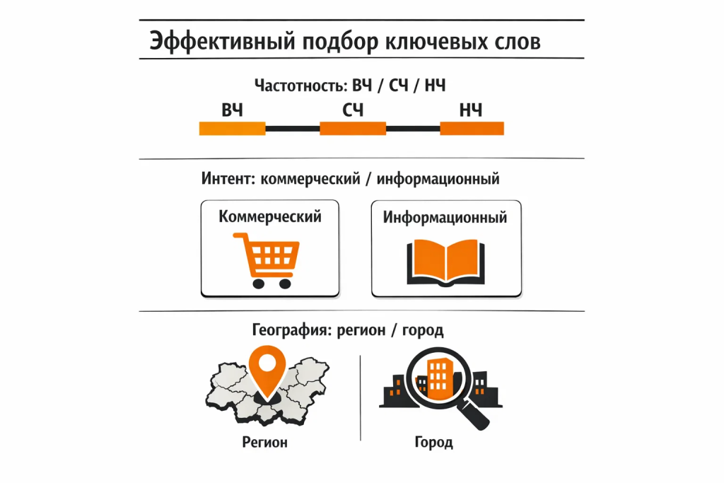 Подбор и классификация ключевых слов: частотность, интент, география.