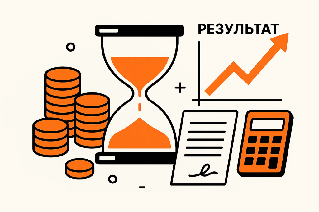 Векторная иллюстрация стоимости и сроков SEO. Песочные часы, монеты, контракт и растущий график результатов.