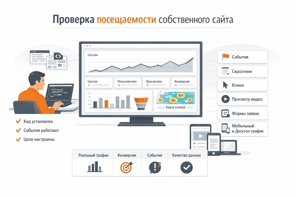 proverka-poseshaemosti-sobstvennogo-sajta.jpg Инфографика о проверке посещаемости собственного сайта: дашборд аналитики, конверсии, события, карта кликов, графики и специалист, контролирующий метрики проекта.