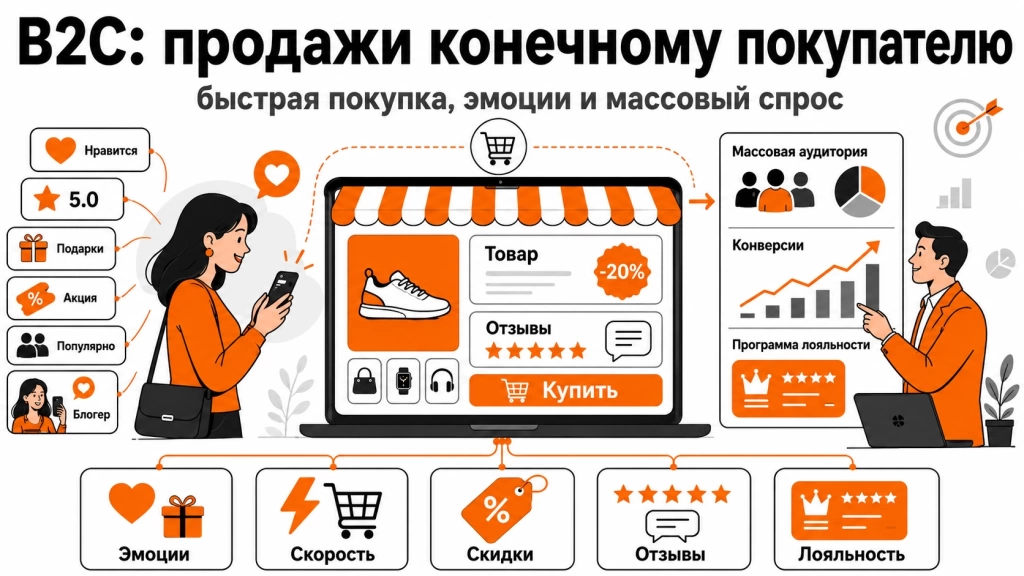 model-b2c-business-to-consumer.webp Инфографика о модели B2C, где бизнес продает товары и услуги конечным потребителям.