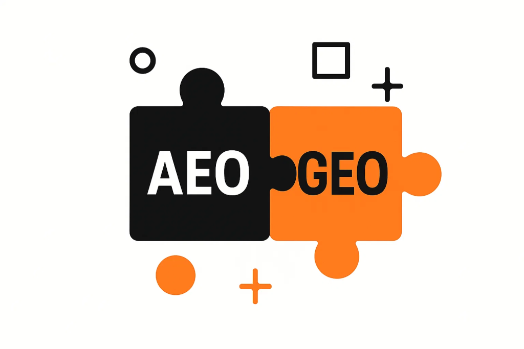 Пазлы AEO и GEO соединяются, символизируя успешное объединение двух подходов в SEO-стратегии.
