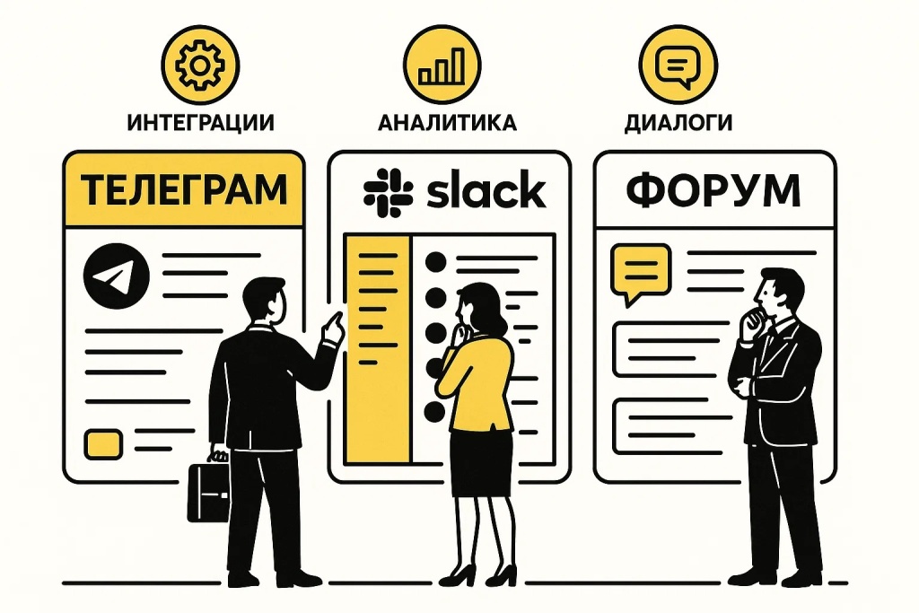 Интеграция Telegram, Slack и форума для аналитики и эффективных диалогов.