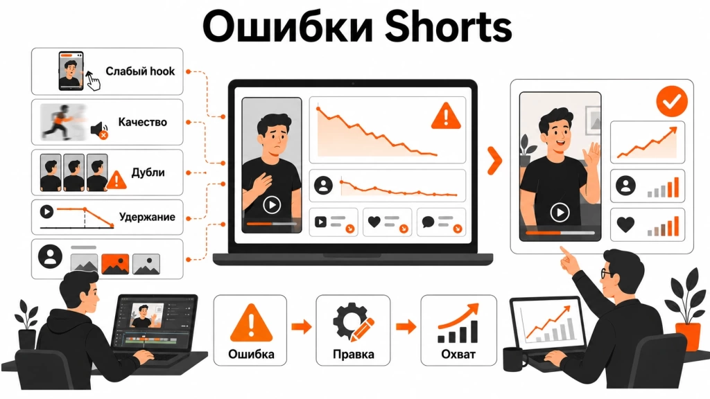 Инфографика об ошибках в Shorts: слабый hook, плохое качество видео, дублированный контент, низкое удержание и проблемы с оформлением канала.