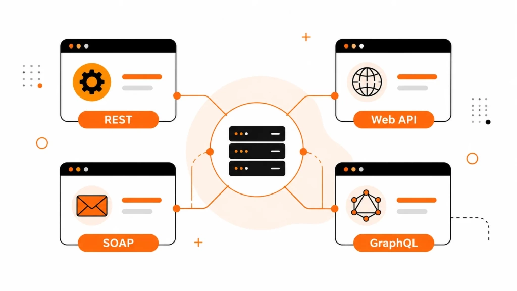 vidy-api-rest-web-soap-graphql.webp Виды API REST Web SOAP GraphQL в схеме подключения к серверу.