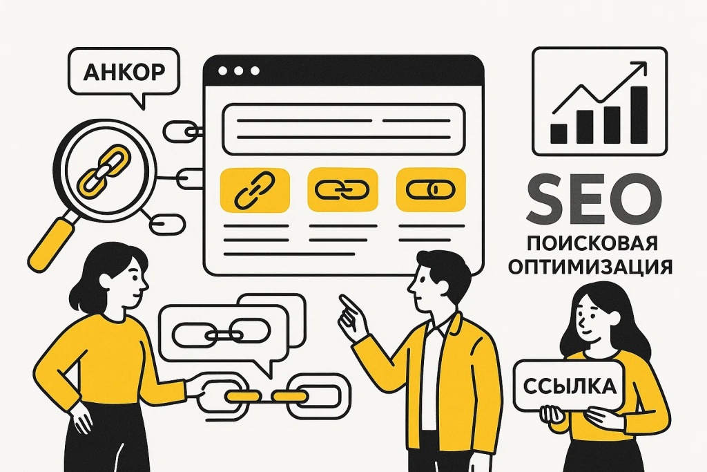 Иллюстрация SEO с анкорными ссылками, персонажами и графиками для оптимизации.