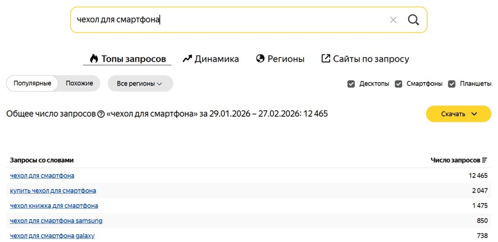 Статистика запросов чехол для смартфона в интерфейсе сервиса Яндекс Вордстат.