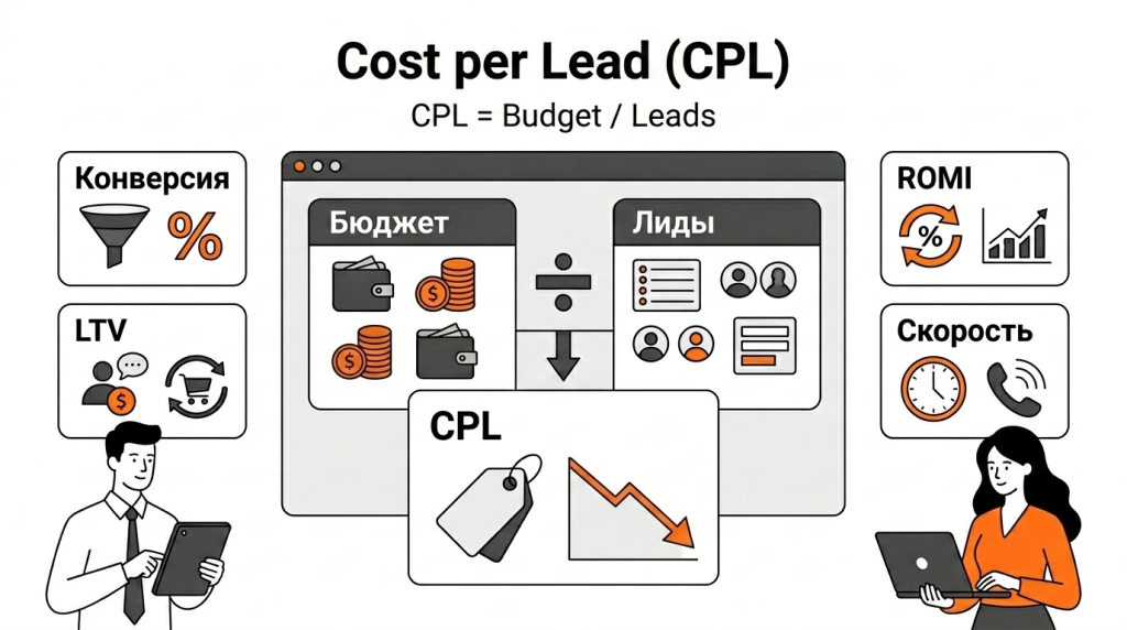  Инфографика о расчёте стоимости лида CPL: рекламный бюджет, количество заявок, формула, метрики и оценка эффективности. 